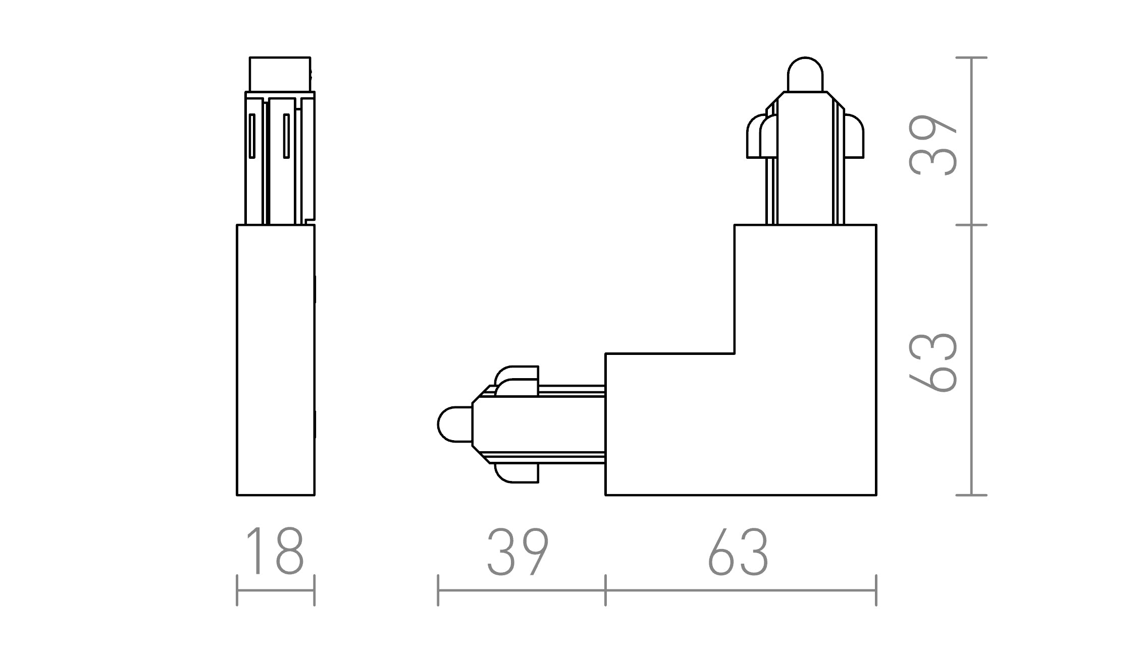 L-CONNECTOR FOR 1-CIRCUIT TRACK (INNER POLARITY) - Product sketch