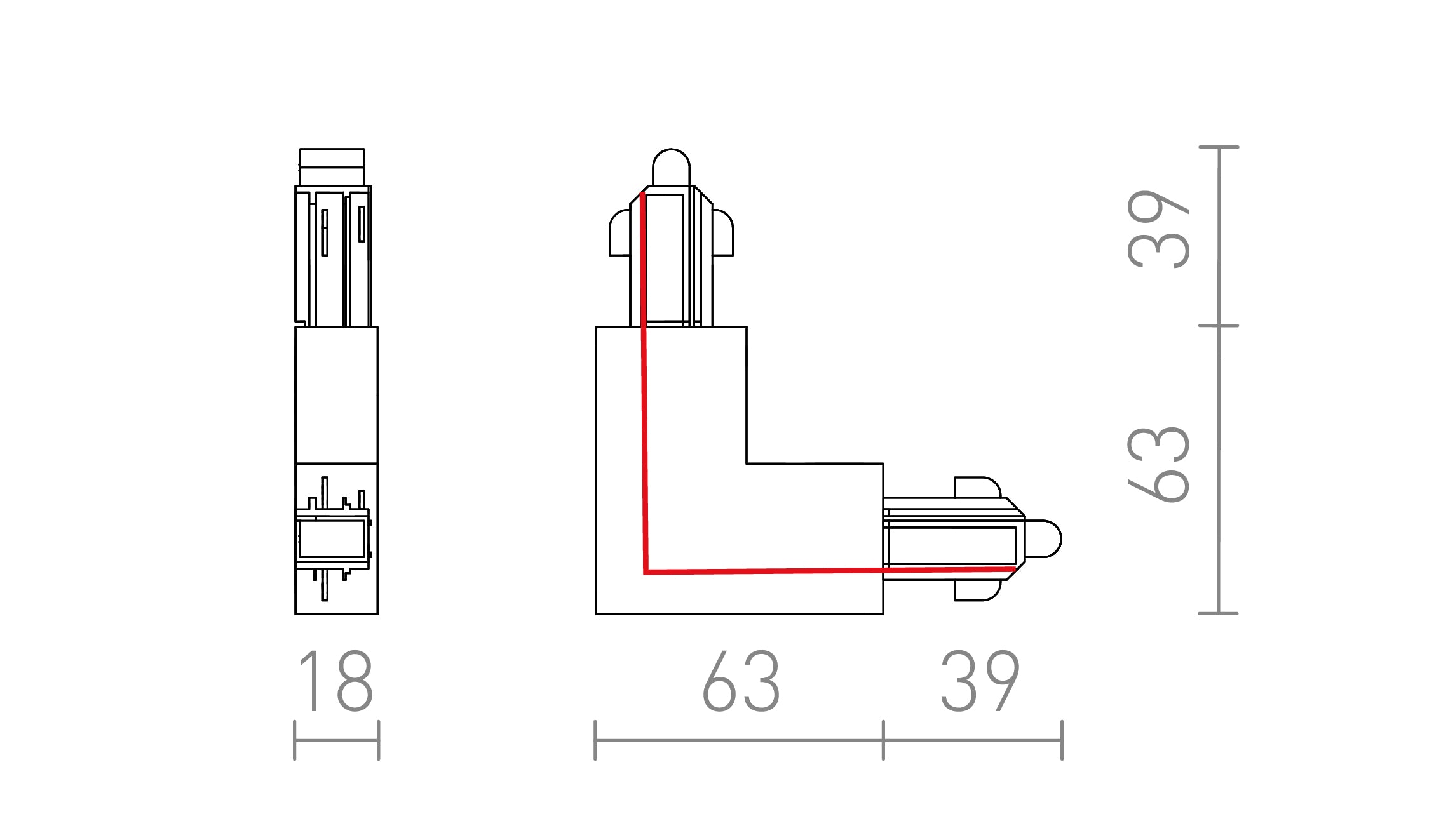 L-CONNECTOR FOR 1-CIRCUIT TRACK (INNER POLARITY) - Product sketch
